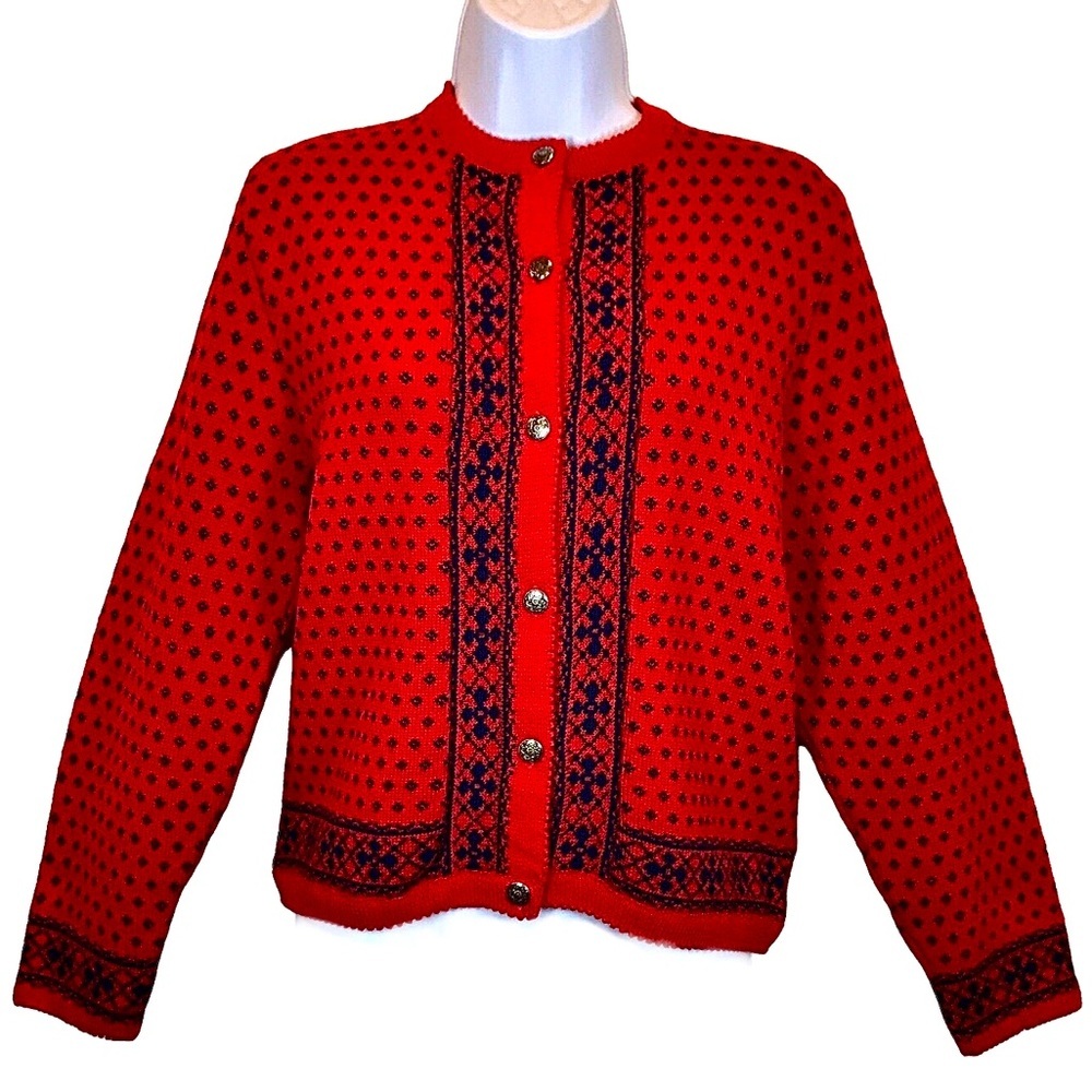VINTAGLE PENDLETON WOOL NORDIC CARDIGAN, RED/ NAVY, SILVER BUTTONS WOMENS SZ L